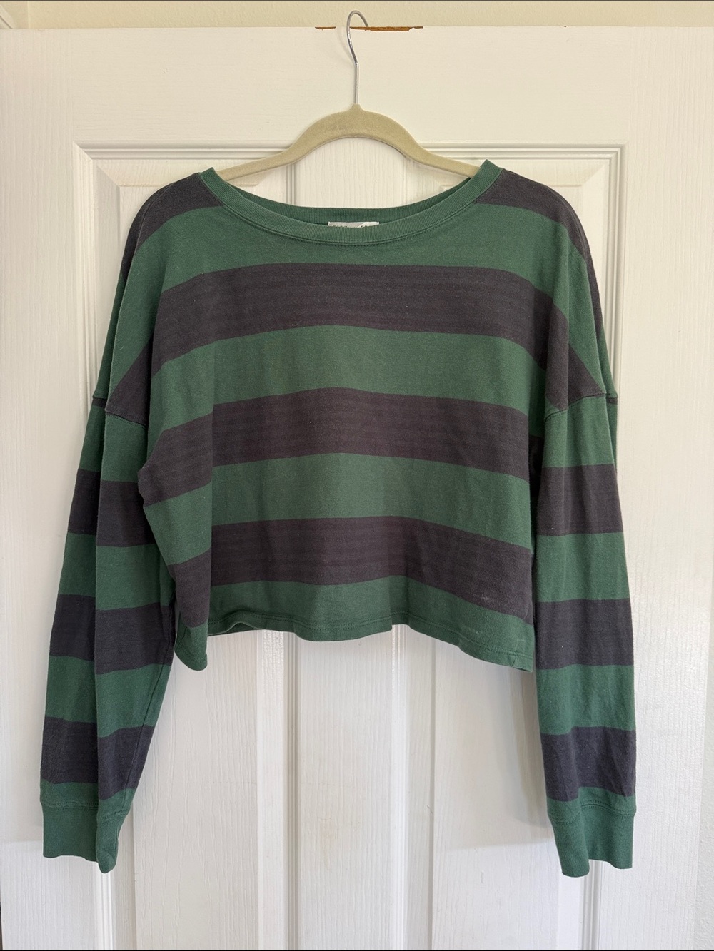 Striped Cropped Long Sleeve Top - Green and navy striped